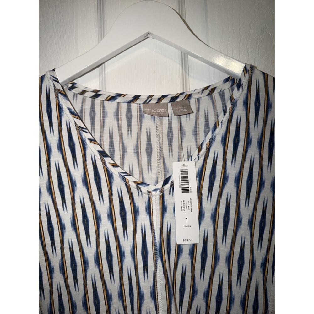 NEW Chico's‎ Zenergy Tunic Geo Ikat Print Long Sleeve Blue Lotus Size 1 8/10 - Picture 2 of 5
